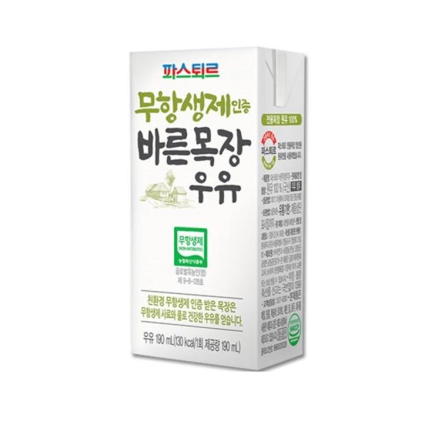 韓國食品-(유통기한 2024/5/4까지) [파스퇴르] 무항생제인증 바른목장우유 190ml
